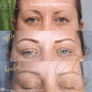 Three-panel comparison of Russian ombre brows showing before, immediately after, and healed results on a woman.