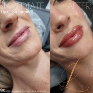 A close-up before and after image showing a woman's lips, lighter and less defined on the left, and plumper with a vibrant red lip blush tattoo immediately after on the right.