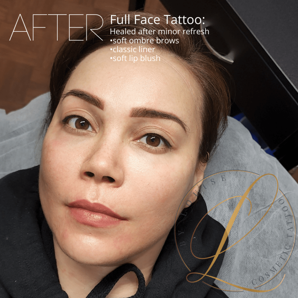 Close-up of a woman's face after a full face cosmetic tattoo, showing healed soft ombre brows, classic liner, and soft lip blush.