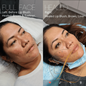 A side-by-side view of a woman's face, showing her before and after healed permanent lip blush, brows, and eyeliner.