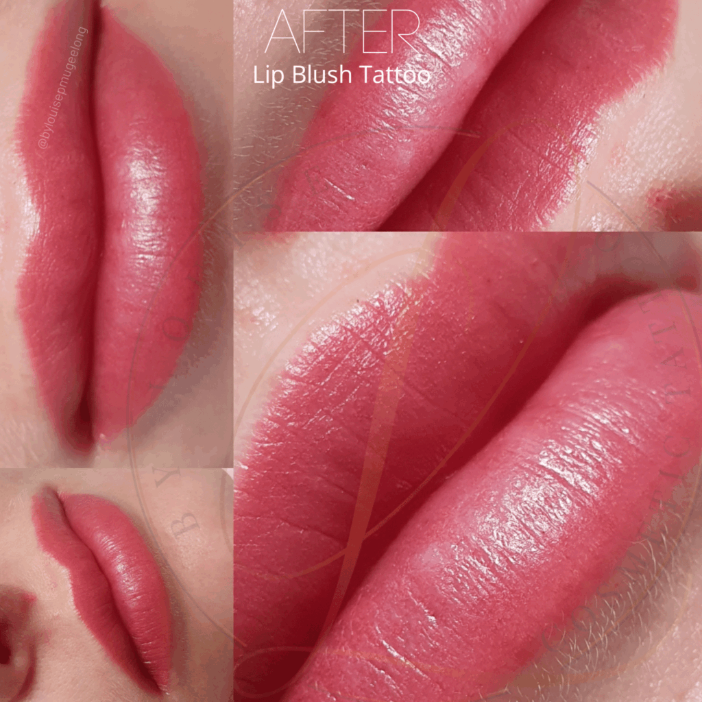 Close-up of vibrant pink lips after a lip blush tattoo procedure, showing smooth, enhanced color.