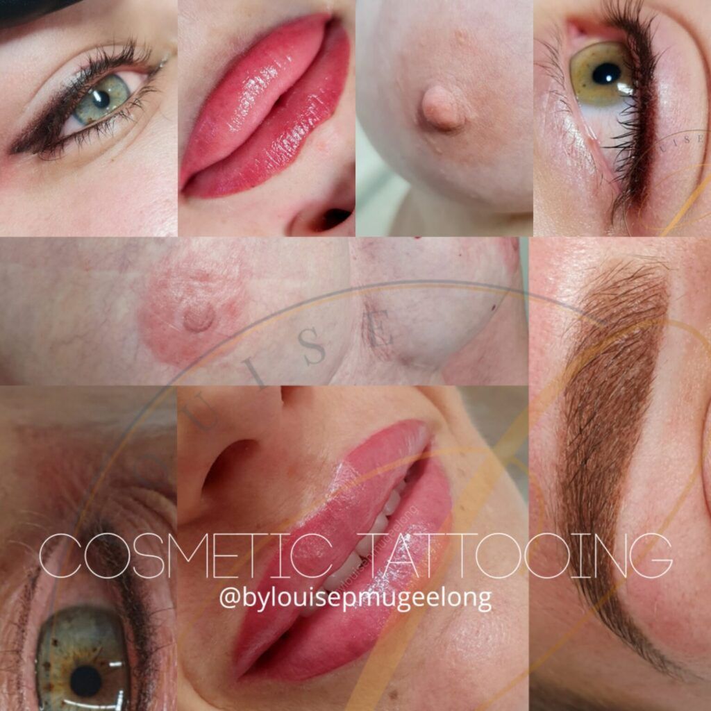 A collage of cosmetic tattooing work including tattooed eyeliner, lip blush, eyebrow microblading, and areola reconstruction.