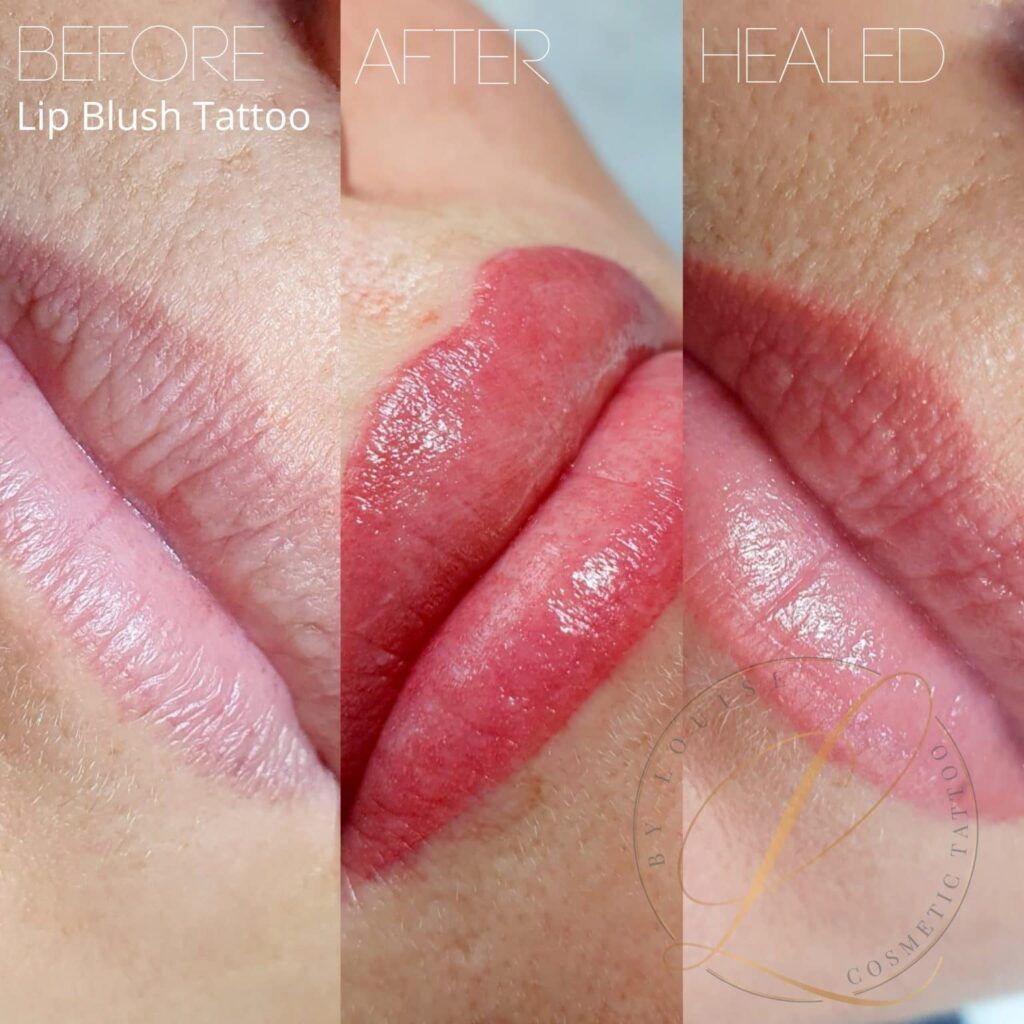Three panels showing a lip blush tattoo: before with natural lips, immediately after with vibrant color, and healed with a subtle tint.