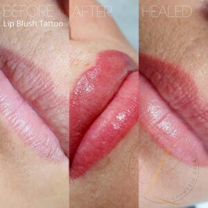 Three panels showing a lip blush tattoo: before with natural lips, immediately after with vibrant color, and healed with a subtle tint.