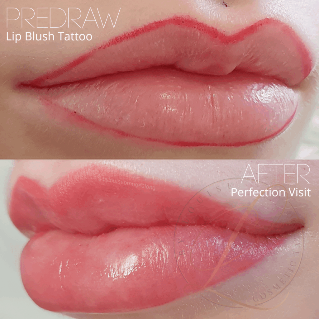 Before and after comparison of a lip blush tattoo, showing the red predraw outline on the top and the finished, evenly colored pink lips on the bottom after a perfection visit.