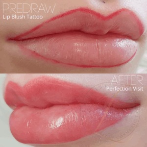 Before and after comparison of a lip blush tattoo, showing the red predraw outline on the top and the finished, evenly colored pink lips on the bottom after a perfection visit.