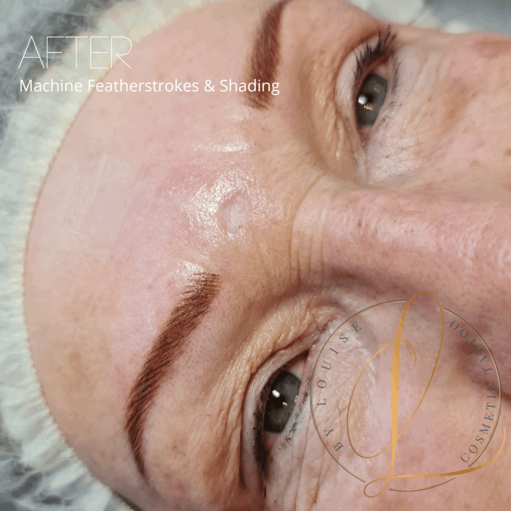 Close-up of a person's face showing a freshly tattooed eyebrow with machine featherstrokes and shading.