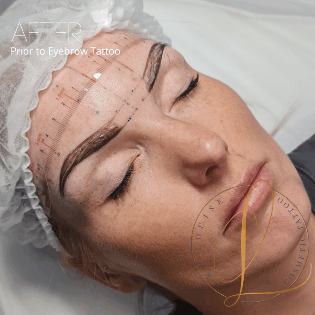 A woman with marked eyebrows and a measuring tool on her forehead, preparing for a cosmetic eyebrow tattoo procedure, wearing a hair net.