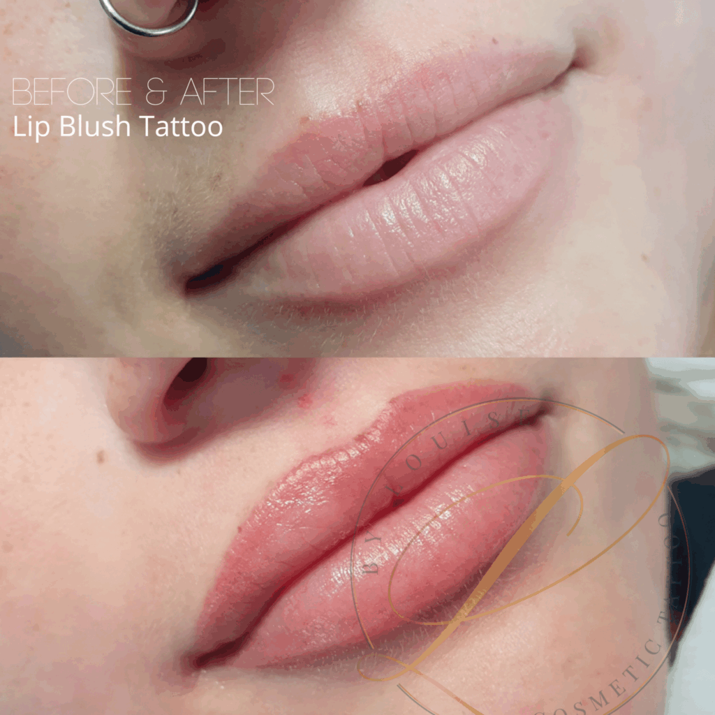 Close-up before and after comparison of a woman's lips, showing the natural lips at the top and the same lips enhanced with a lip blush tattoo at the bottom.