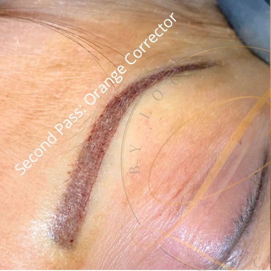 Close-up of an eyebrow with fresh cosmetic tattooing, showing a second pass of orange corrector pigment.