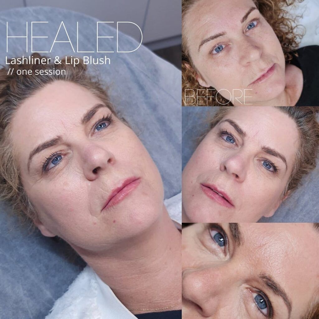 Collage showing a woman's before and after photos of healed lashliner and lip blush cosmetic procedures from one session.