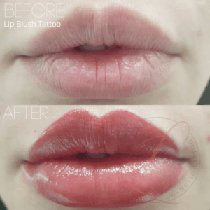 A before and after comparison showing natural, light pink lips and then lips with a vibrant, glossy lip blush tattoo.