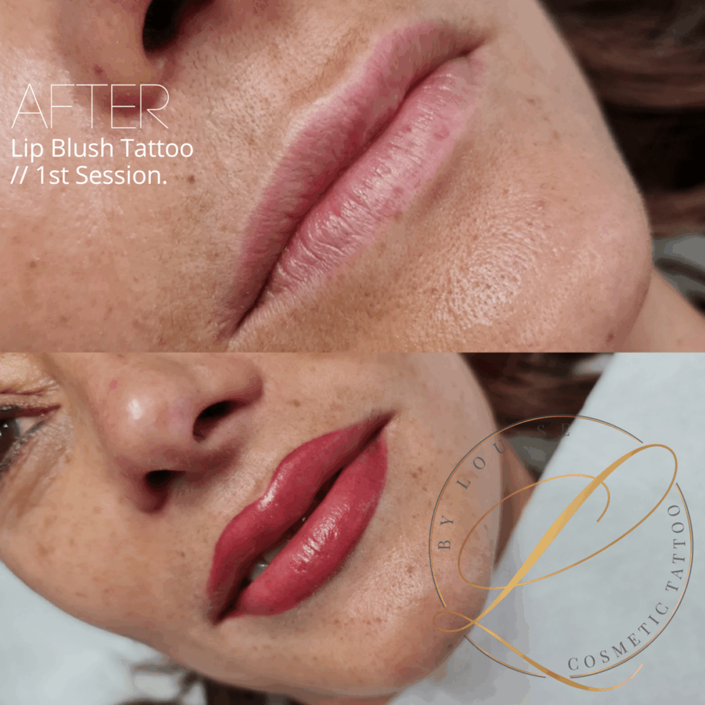 A split image showing a woman's natural, paler lips in the top section before a procedure, and her freshly applied, vibrant pink lip blush tattoo in the bottom section after the first session.