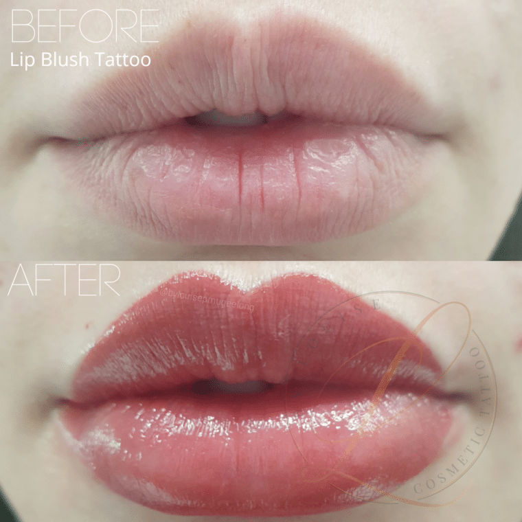A before and after comparison showing natural, light pink lips and then lips with a vibrant, glossy lip blush tattoo.