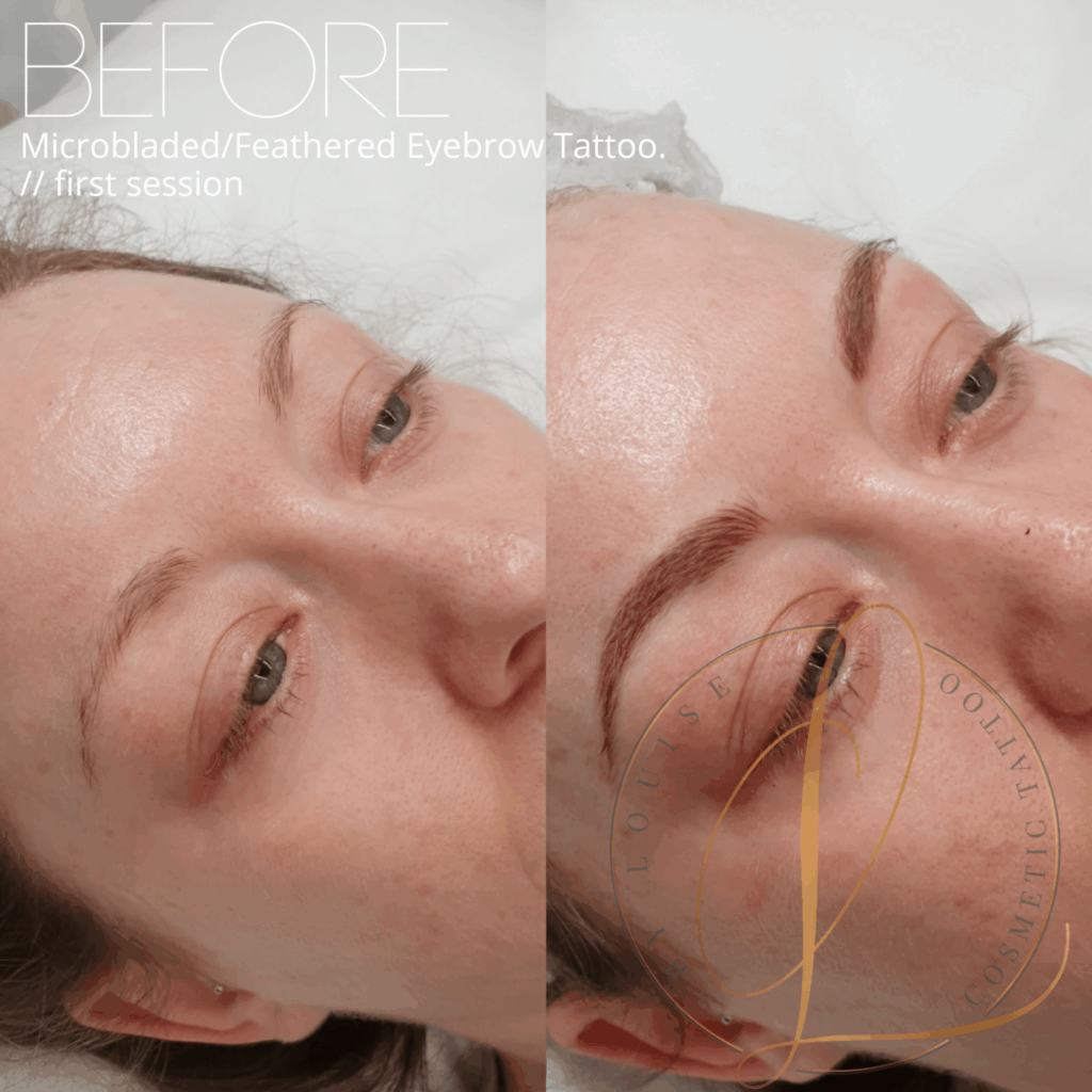 A before-and-after image of a woman's face, showing her natural eyebrows on the left and fuller, more defined eyebrows after a microblading session on the right.