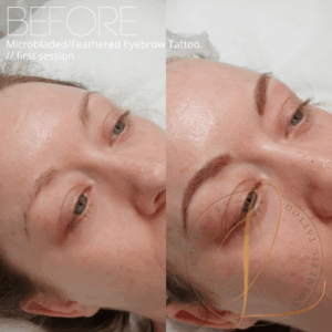 A before-and-after image of a woman's face, showing her natural eyebrows on the left and fuller, more defined eyebrows after a microblading session on the right.