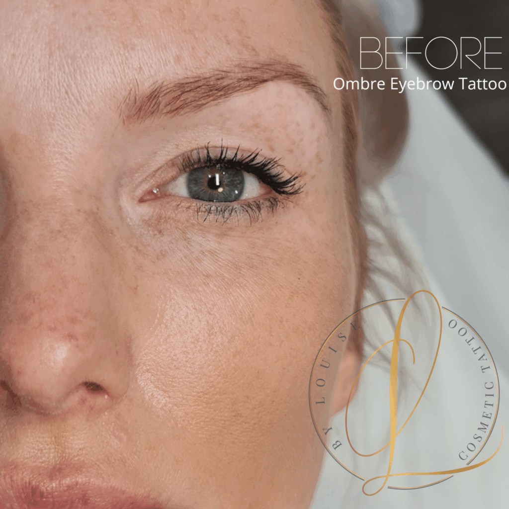 Close-up of a woman's face, focusing on her eye and eyebrow before an ombre eyebrow tattoo procedure.