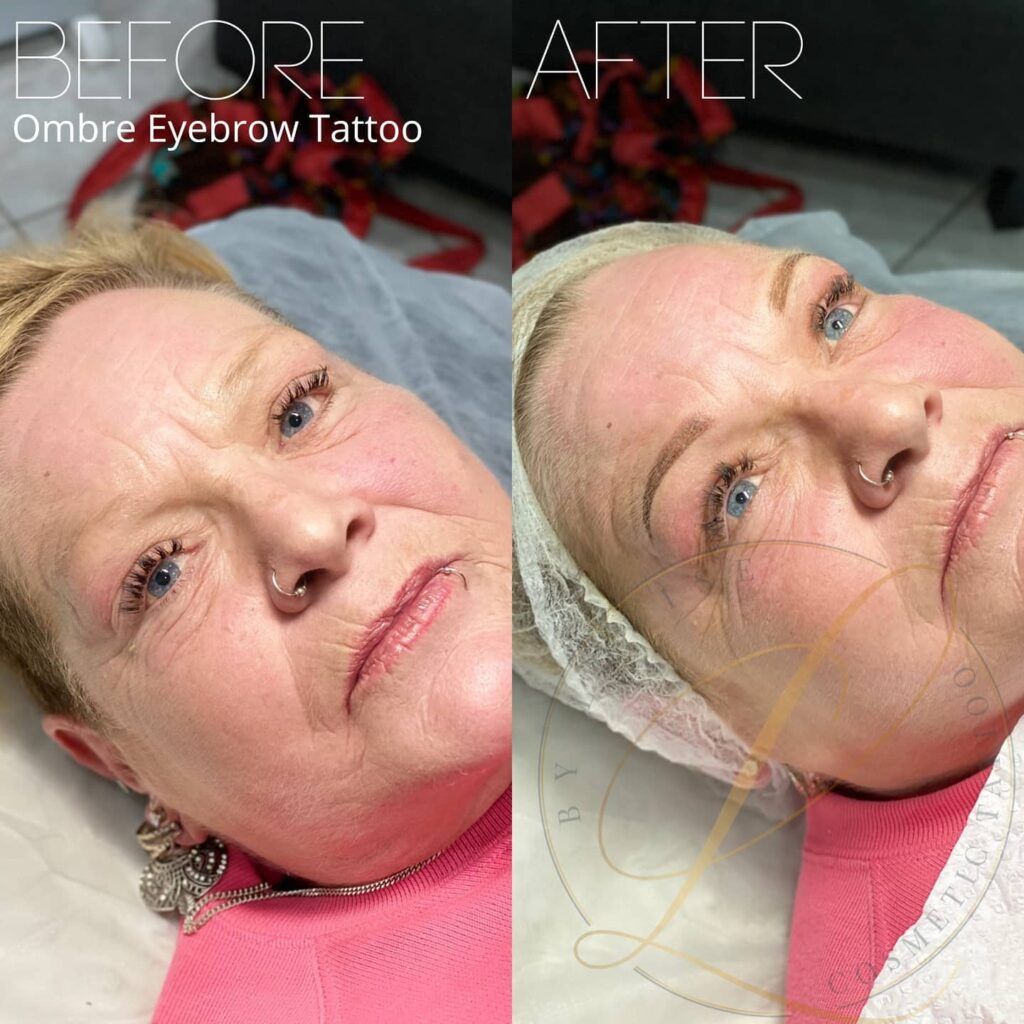 A side-by-side comparison shows a woman's face before and after an ombre eyebrow tattoo, highlighting fuller, more defined brows.